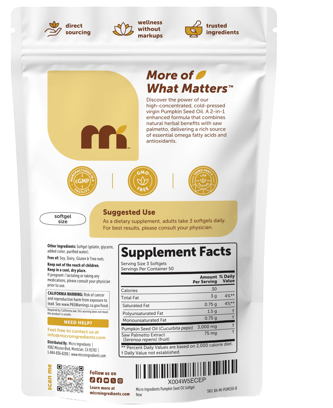 Micro Ingredients Pumpkin Seed Oil With Saw Palmetto, 3000 mg, 150 Count