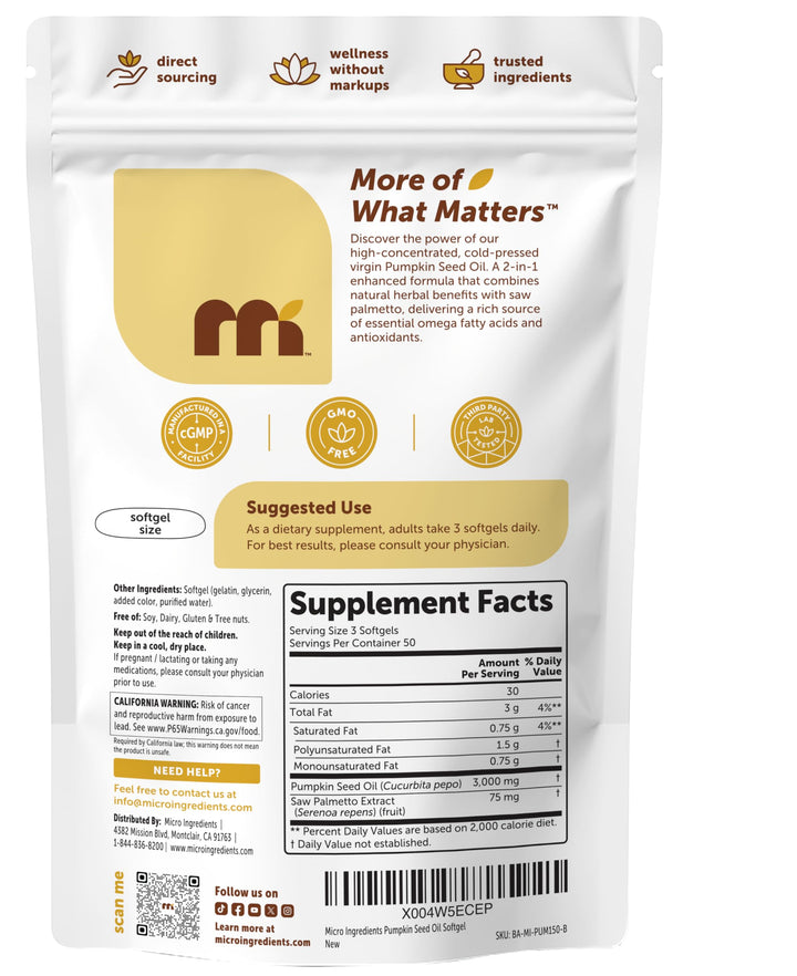 Micro Ingredients Pumpkin Seed Oil With Saw Palmetto, 3000 mg, 150 Count