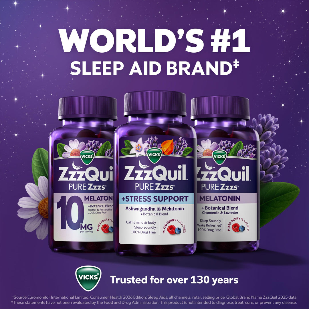 ZzzQuil Pure Zzzs De-Stress Melatonin Sleep Aid Gummies, Ashwagandha, 1 mg, 60 Count