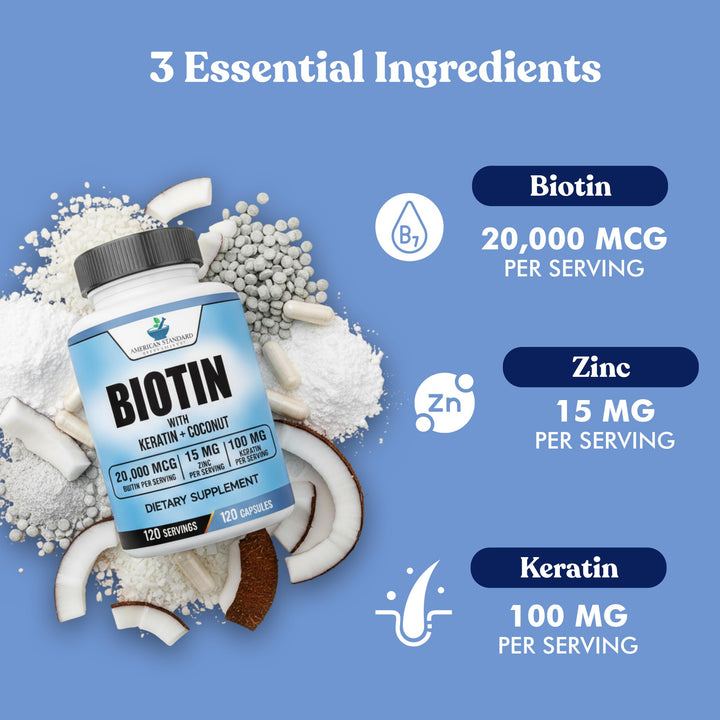 American Standard Supplements Biotin Coconut Zinc Capsules, 20000 mcg, 120 Count