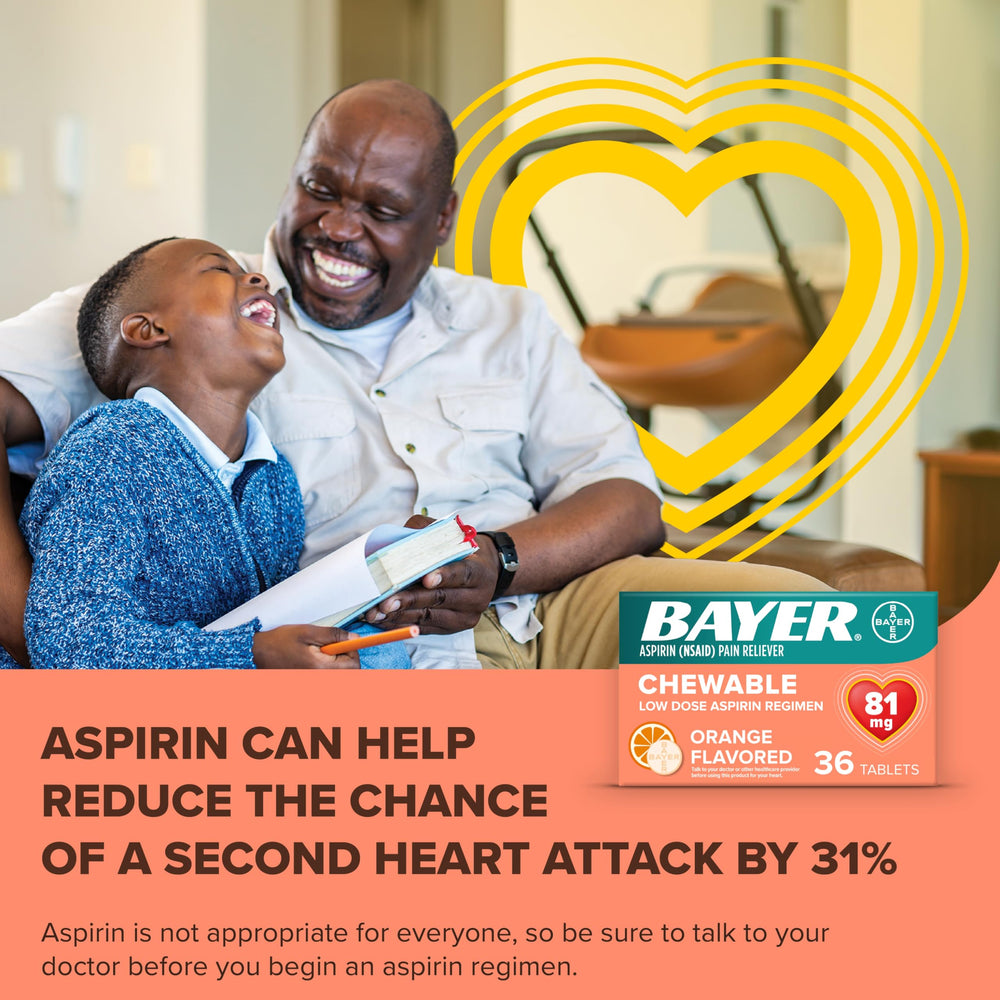 Bayer Aspirin Low Dose 81 mg Chewable Tablets, Orange Flavored, 216 Count, Pack of 6