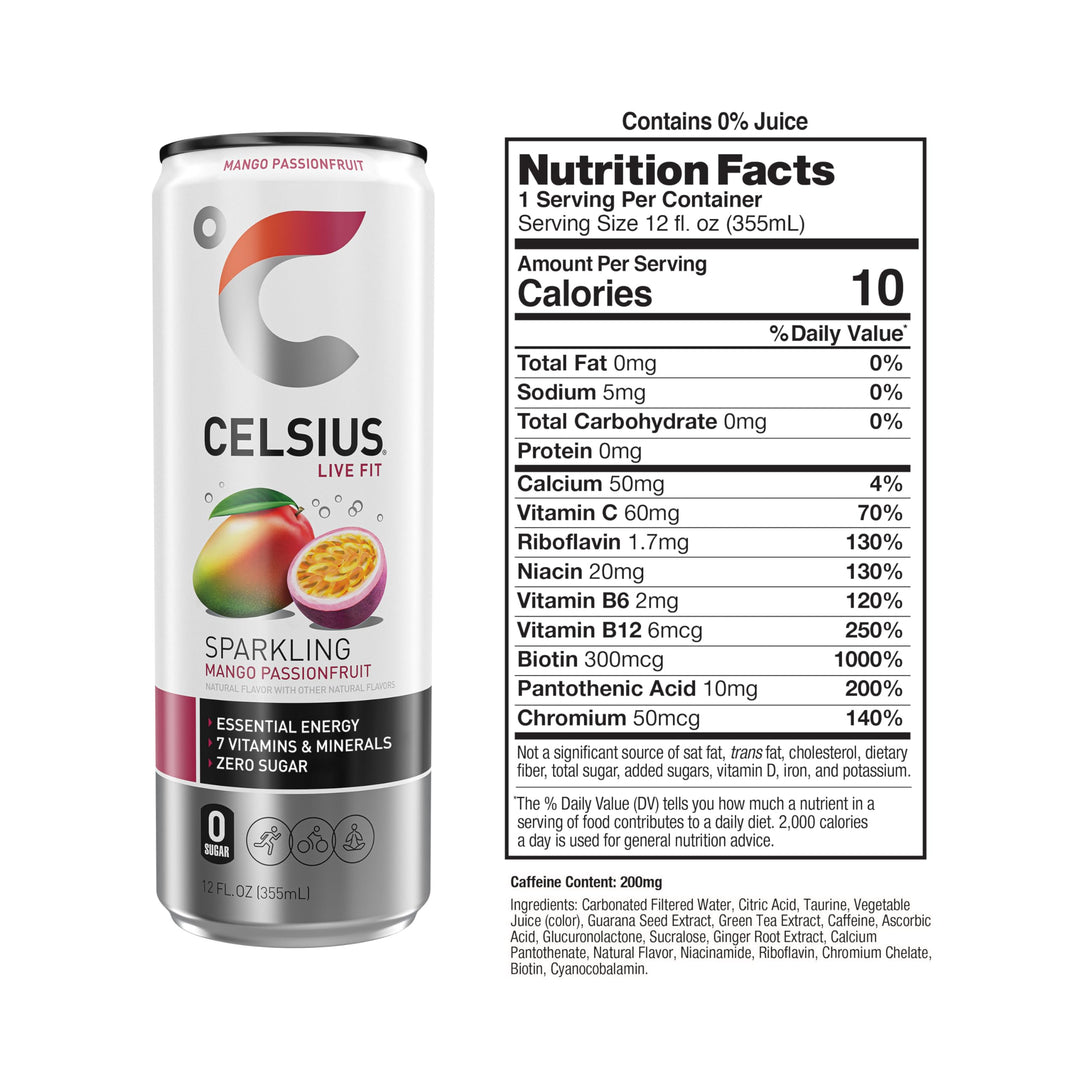 CELSIUS Sparkling Mango Passionfruit, 12 fl oz, Pack of 12