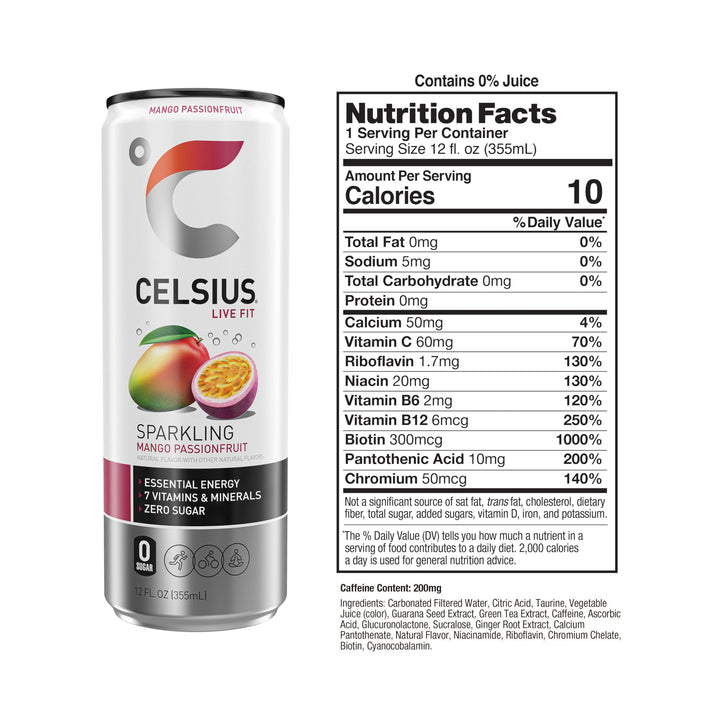 CELSIUS Sparkling Mango Passionfruit, 12 fl oz, Pack of 12