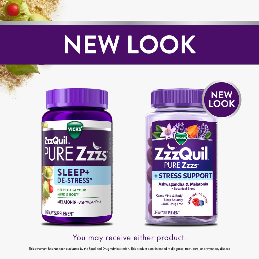 ZzzQuil Pure Zzzs De-Stress Melatonin Sleep Aid Gummies, Ashwagandha, 1 mg, 60 Count