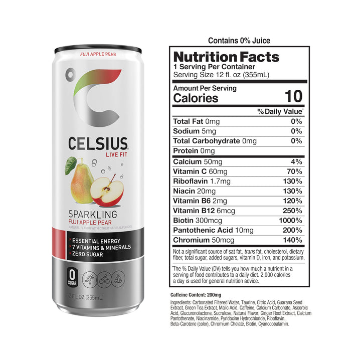 CELSIUS Sparkling Energy Drink, Fuji Apple Pear, 12 fl oz, 12 Count