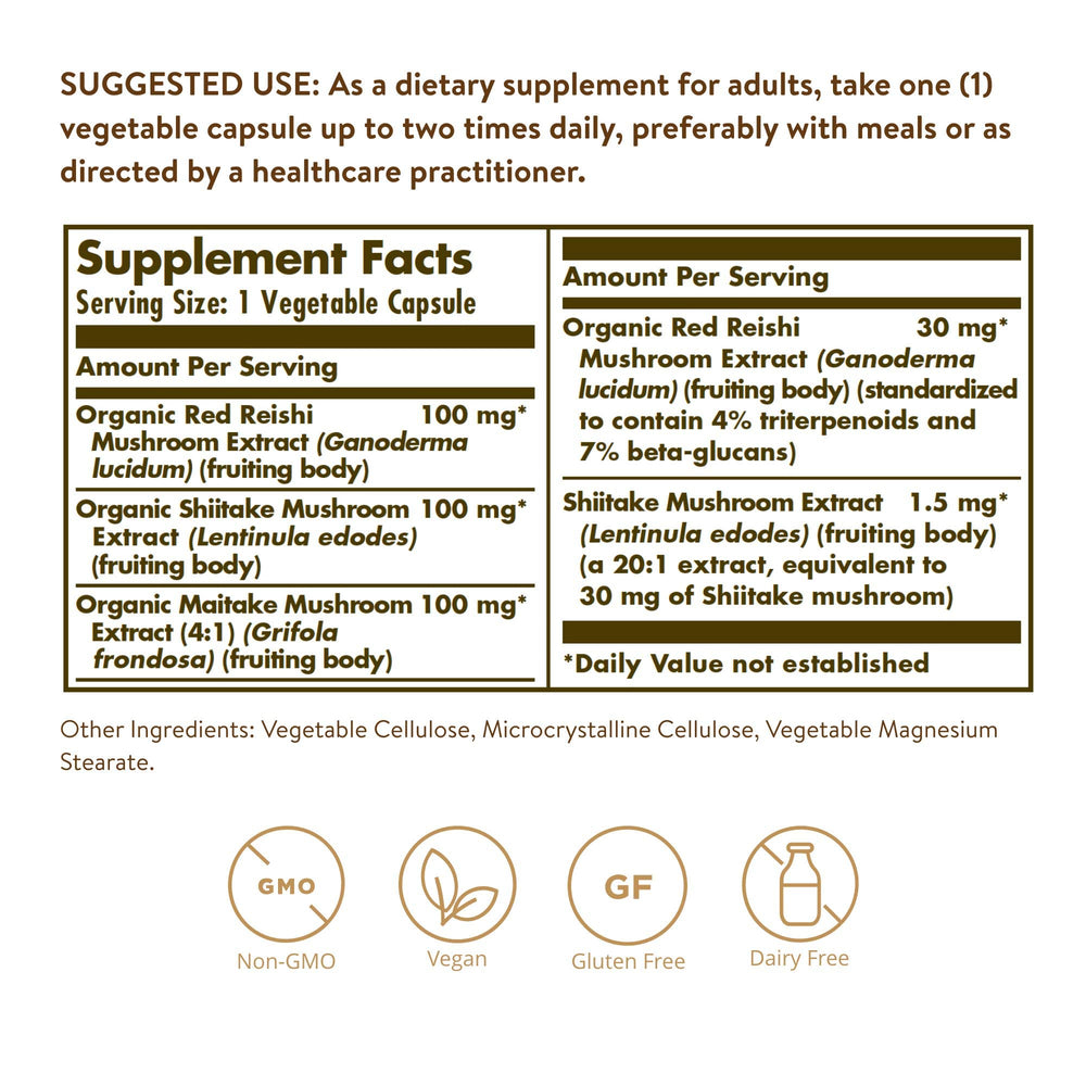 Solgar Reishi Shiitake Maitake Mushroom Extract, 50 Count