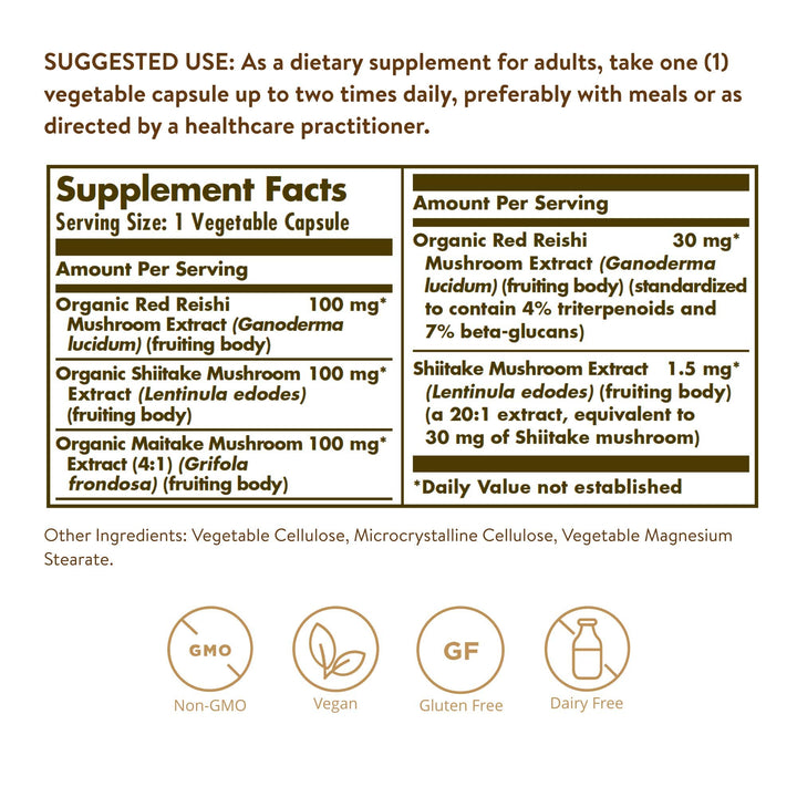 Solgar Reishi Shiitake Maitake Mushroom Extract, 50 Count