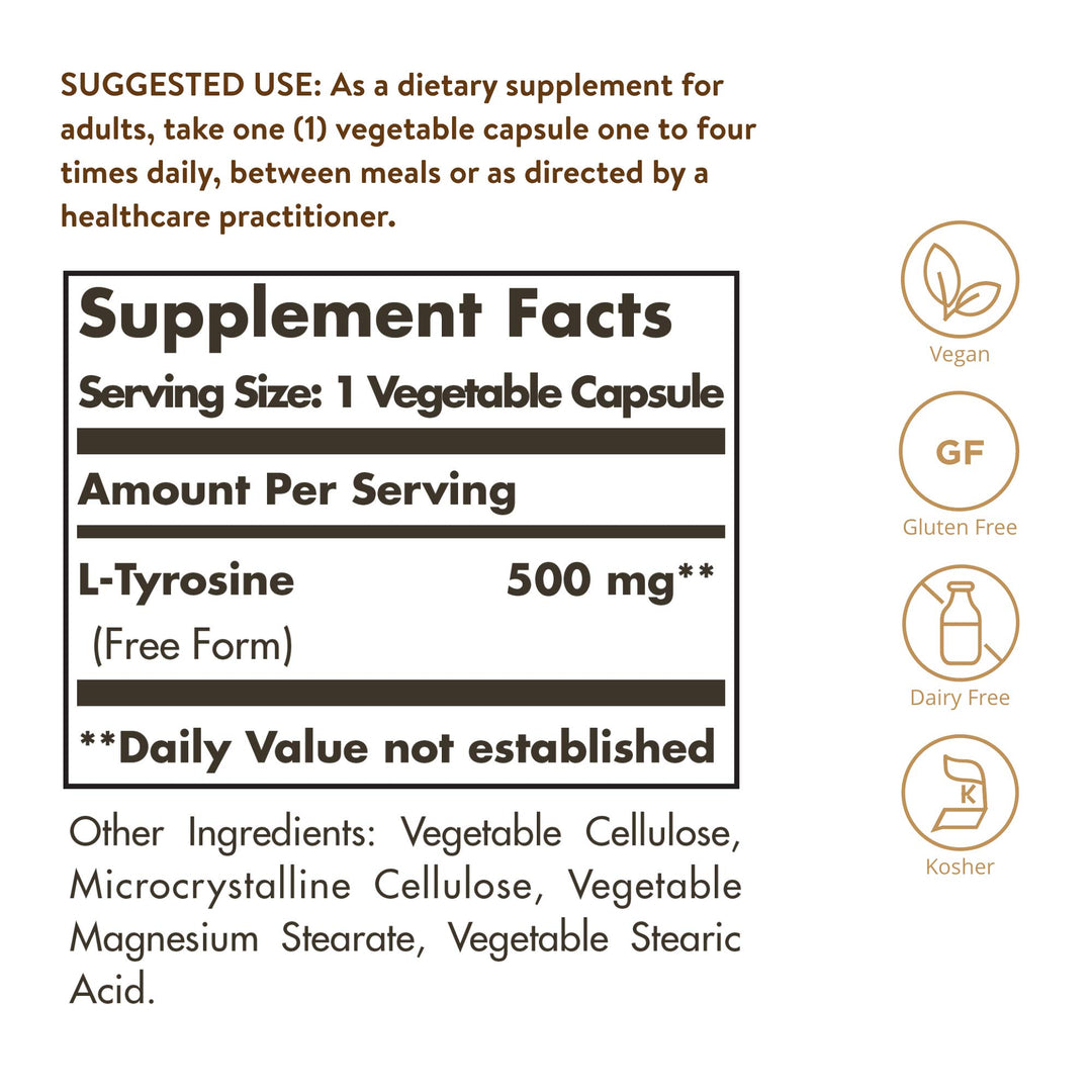 Solgar L-Tyrosine Vegetable Capsules, 500 mg, 100 Count