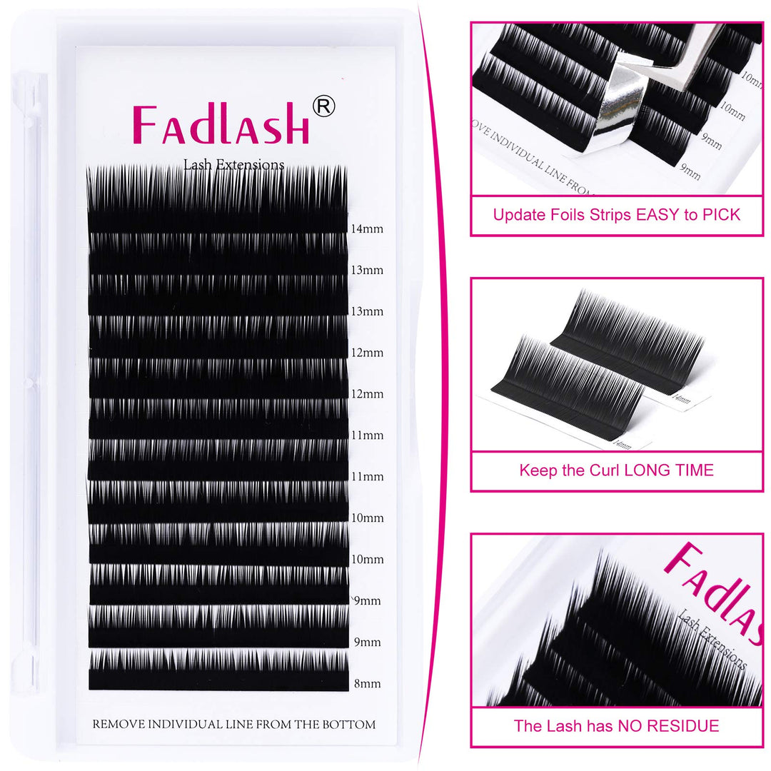 FADLASH Classic Lash Extensions, Black, 0.10, L Curl, 8-14mm Mixed, 12 Count