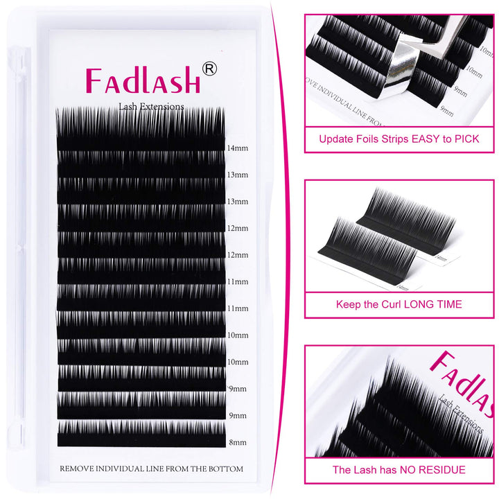 FADLASH Classic Lash Extensions, Black, 0.10, L Curl, 8-14mm Mixed, 12 Count