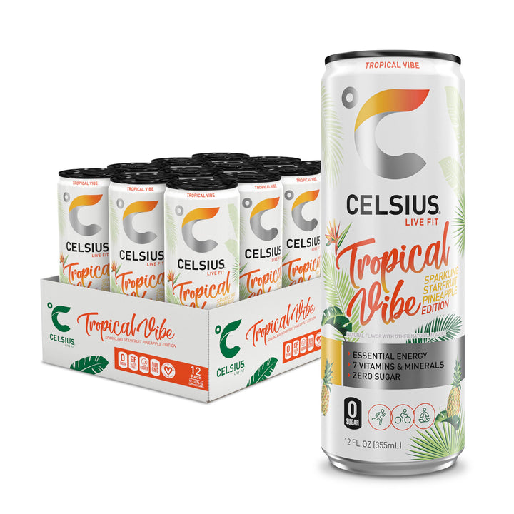 CELSIUS Sparkling Tropical Vibe Energy Drink, 12 fl oz, Pack of 12