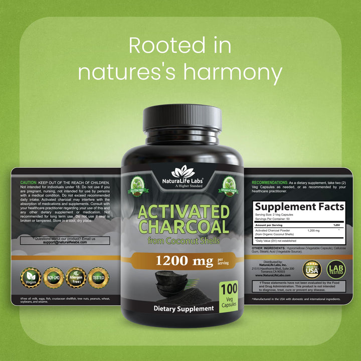 NaturaLife Labs Activated Charcoal, 1200 mg, 100 Count