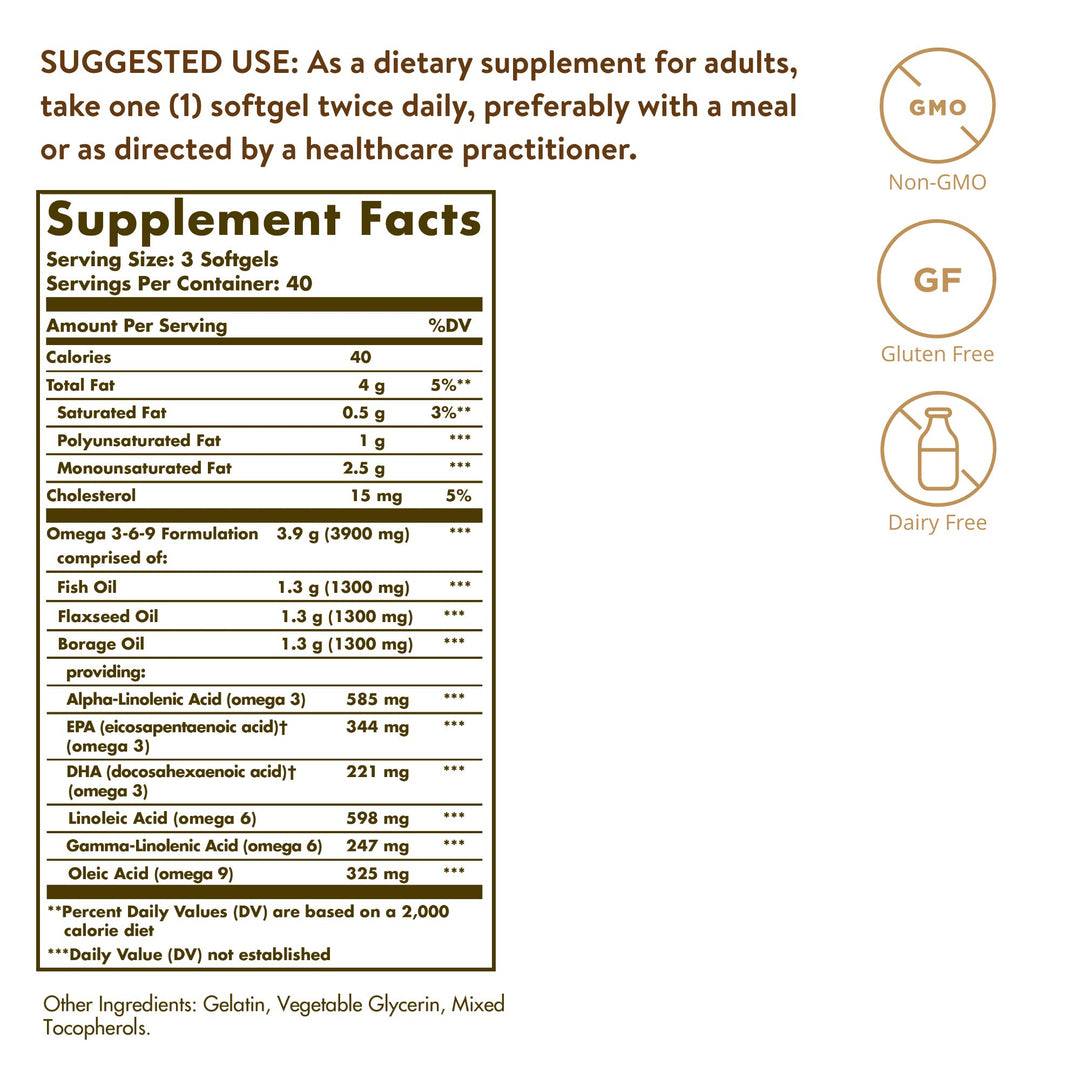 Solgar Efa 1300 mg Omega 3-6-9 Softgels, 120 Count