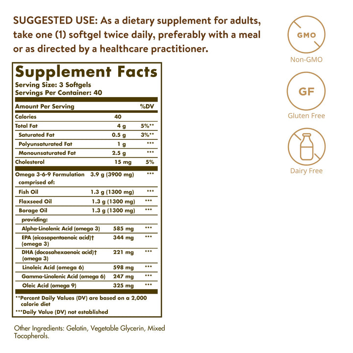 Solgar Efa 1300 mg Omega 3-6-9 Softgels, 120 Count