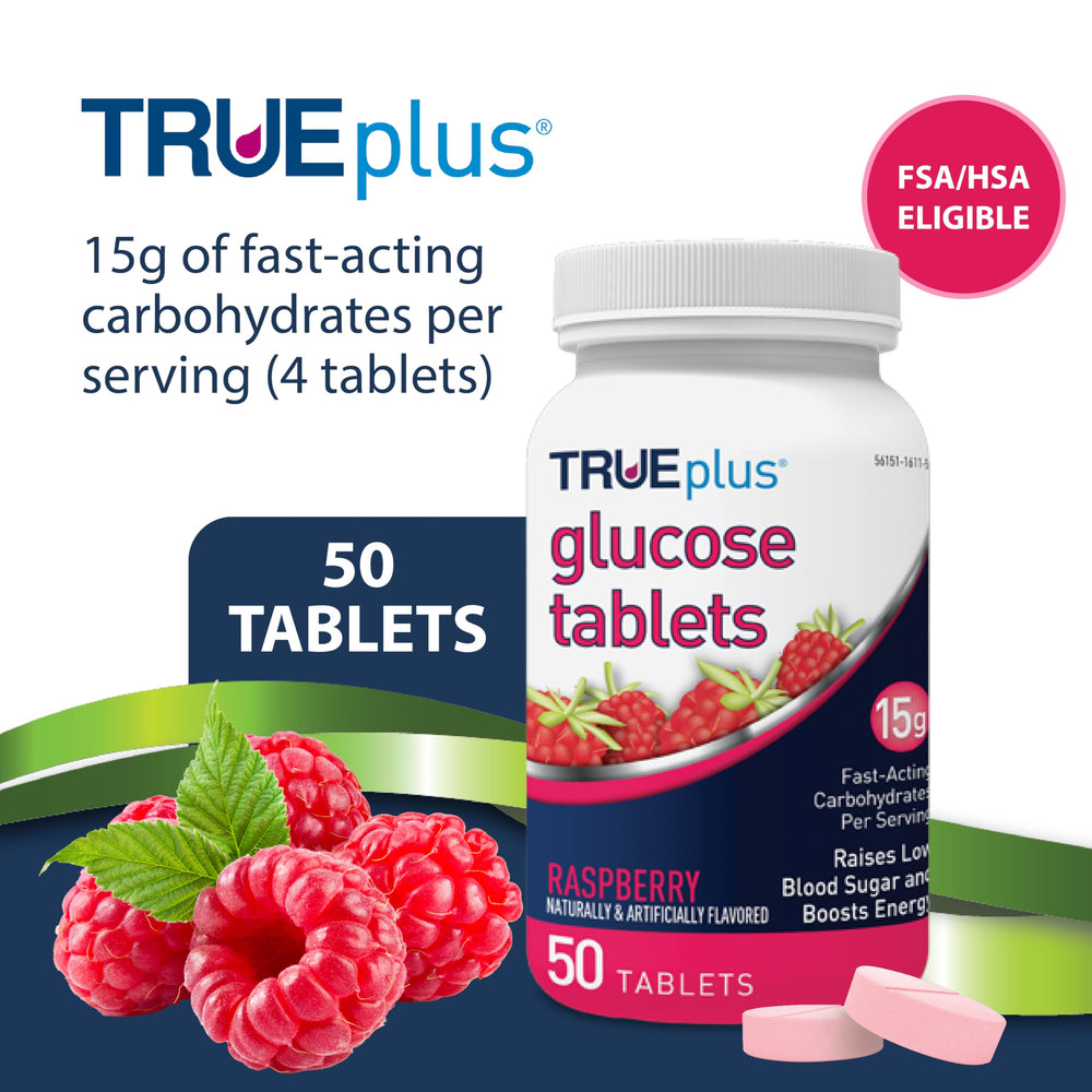 TRUEplus Glucose Tablets, Raspberry, 50 Count