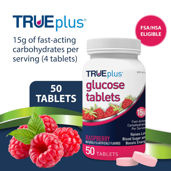 TRUEplus Glucose Tablets, Raspberry, 50 Count