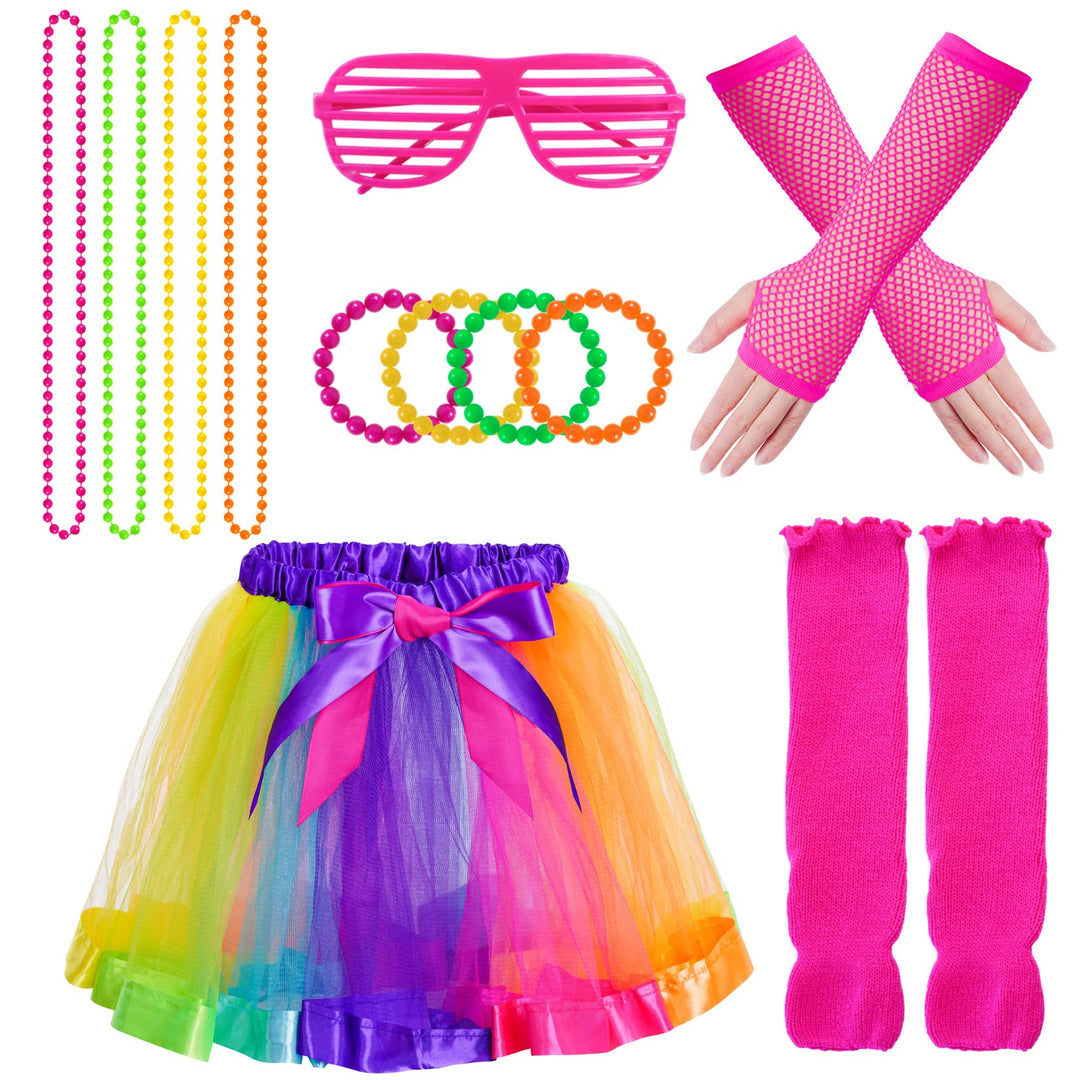 Miayon 6-in-1 Kids 80s Costume Accessories Set And Tutu, Rainbow, M