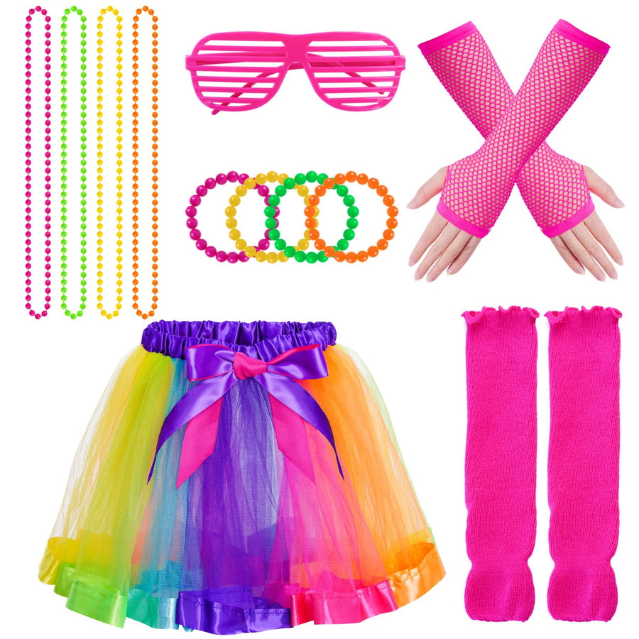 Miayon 6-in-1 Kids 80s Costume Accessories Set And Tutu, Rainbow, M