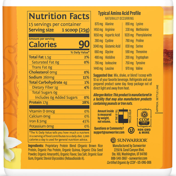 Sunwarrior Classic Plus Organic Vegan Protein Powder, Vanilla, 15 Servings
