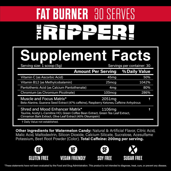 JNX SPORTS The Ripper Thermogenic Fat Burner, Watermelon Candy, 30 Servings