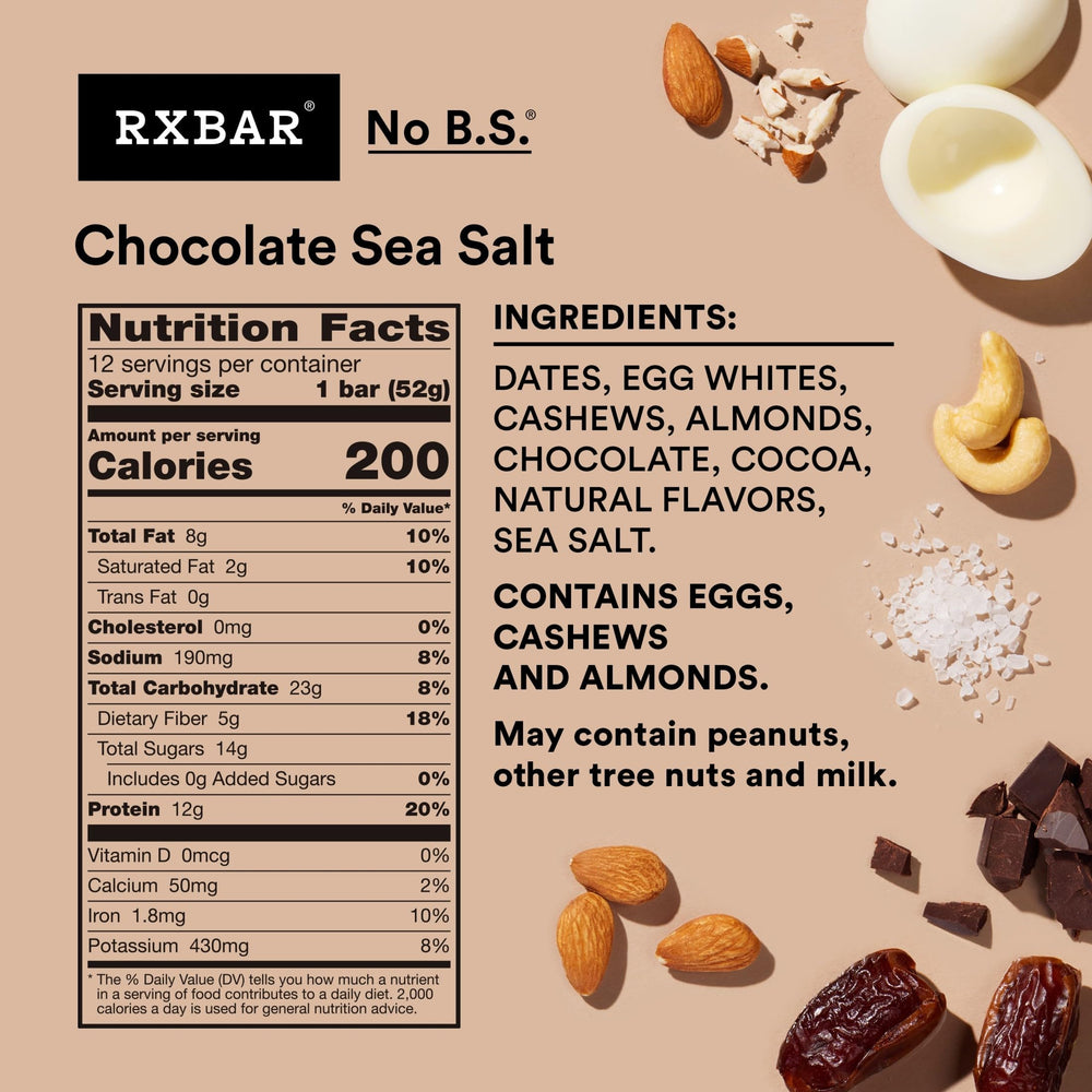 RXBAR Protein Bar, Chocolate Sea Salt, 12 Count