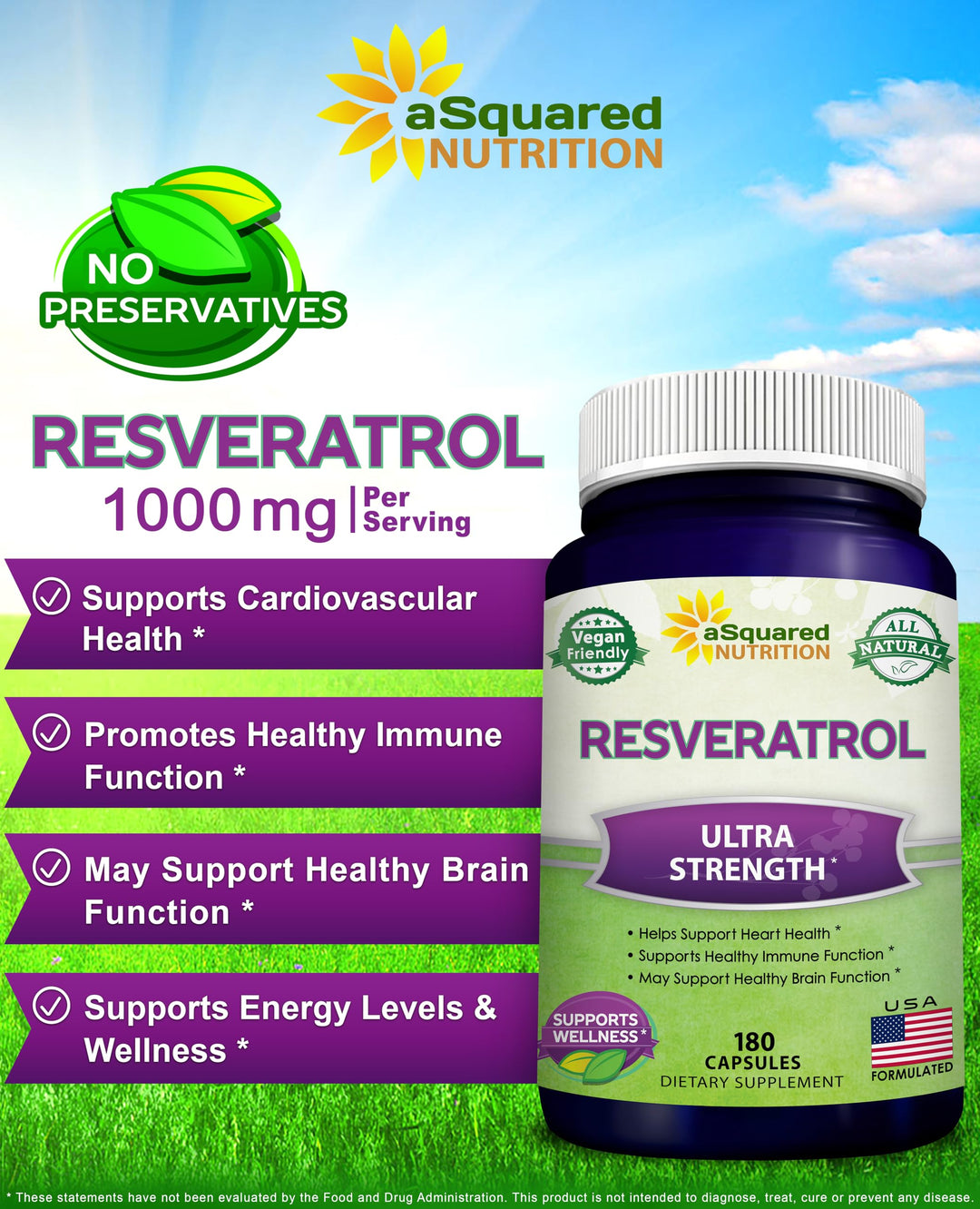 aSquared Nutrition Resveratrol Supplement, 1000 mg, 180 Count