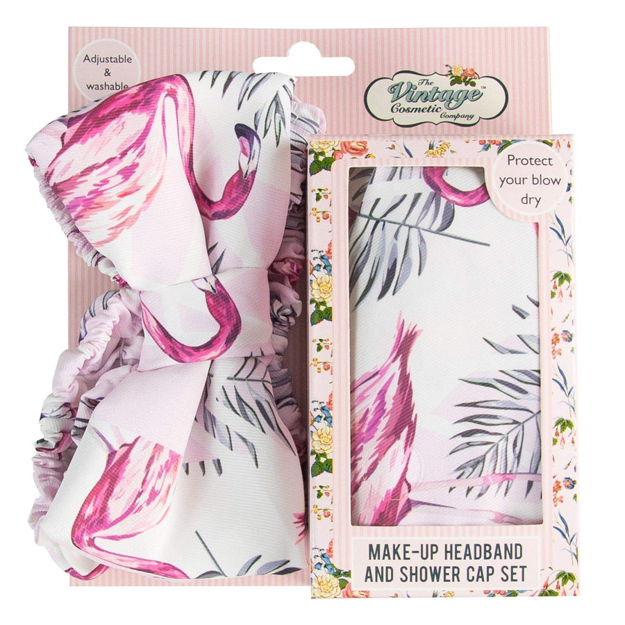 The Vintage Cosmetic Company Make-Up Headband And Shower Cap Set, Pink Flamingo Print
