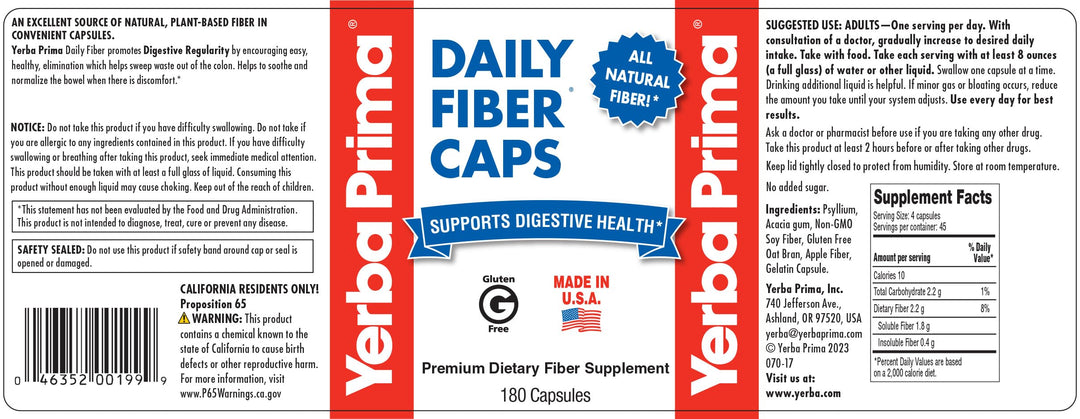 Yerba Prima Daily Fiber Formula, 180 Count