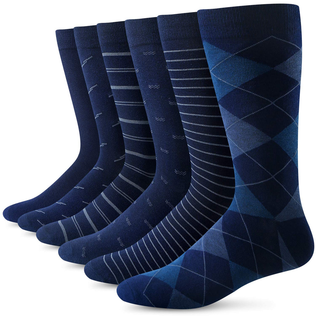 Yousu Dress Socks, Crew, Blue, 6 Count