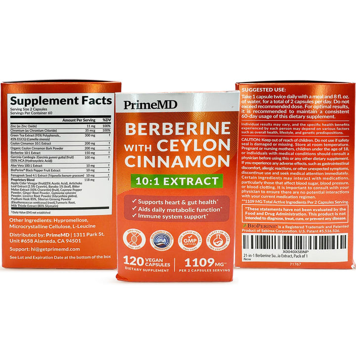 PrimeMD Berberine Supplement With Ceylon Cinnamon, 1500 mg, 120 Count