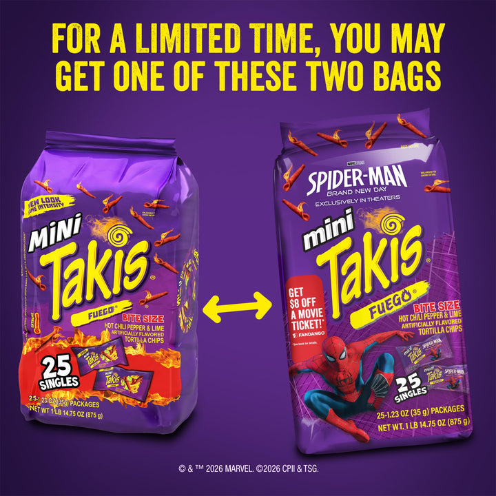 Takis Mini Rolled Tortilla Chips, Fuego, 25 Count