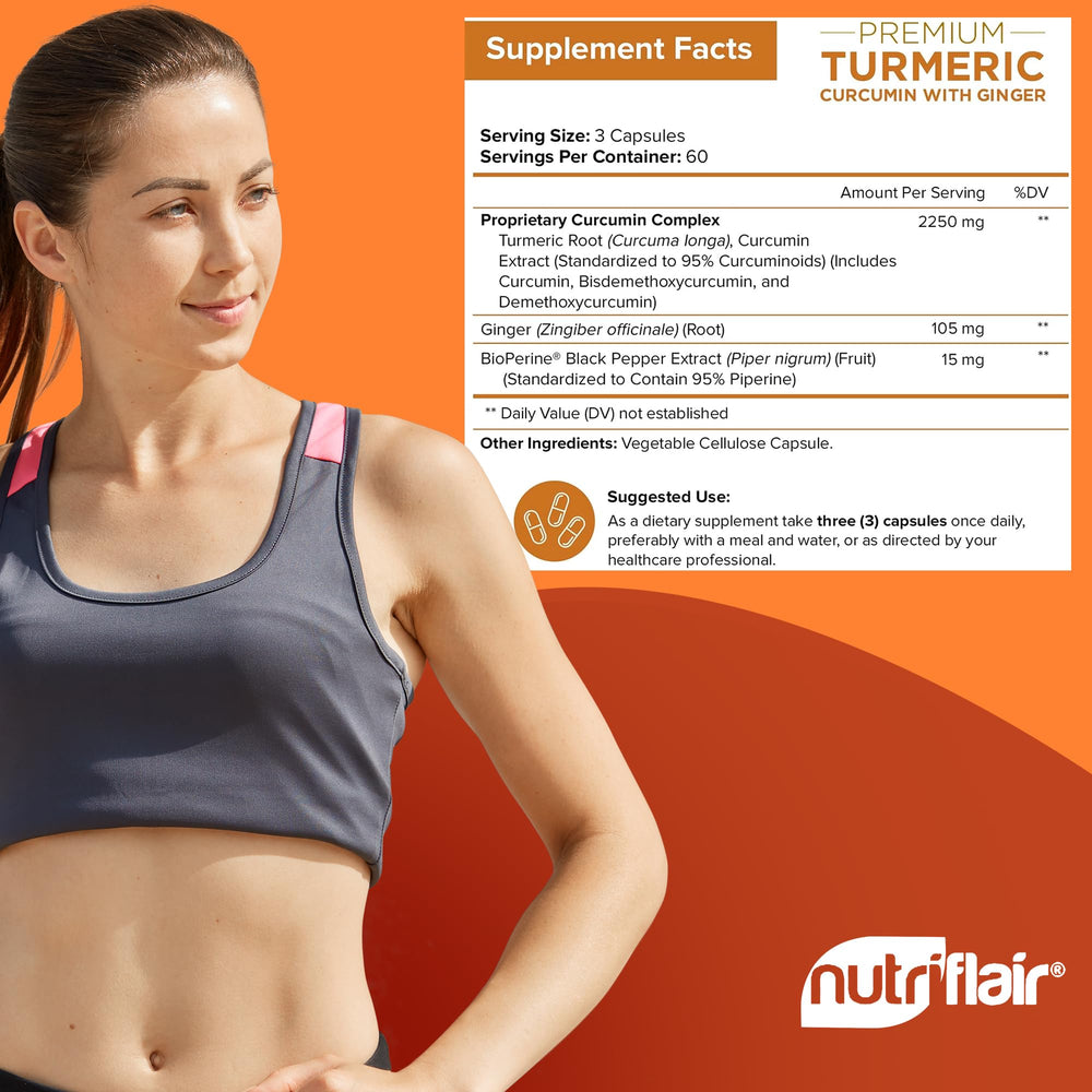 NutriFlair Turmeric Curcumin With Ginger And BioPerine, 2250 mg, 180 Count