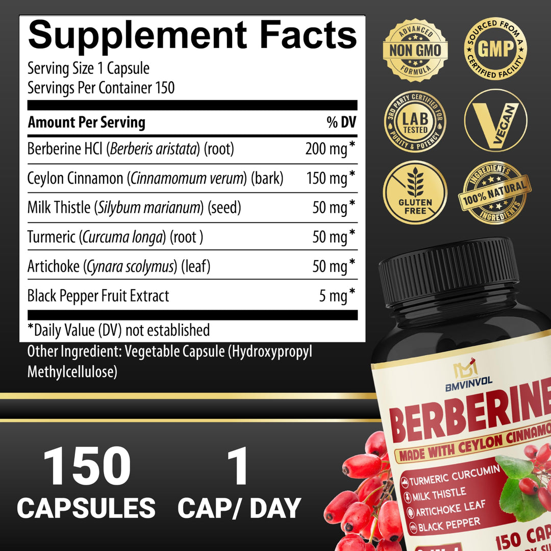 BMVINVOL Berberine Supplement With Ceylon Cinnamon, Turmeric, Milk Thistle, Artichoke And Black Pepper, 150 Count