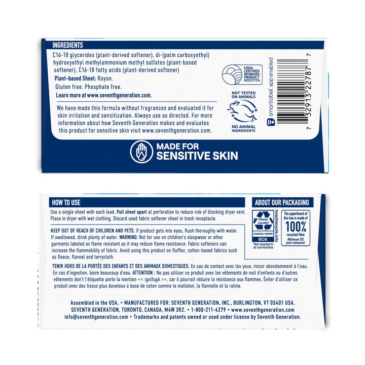 Seventh Generation Dryer Sheets Fabric Softener, Free & Clear, 80 Count