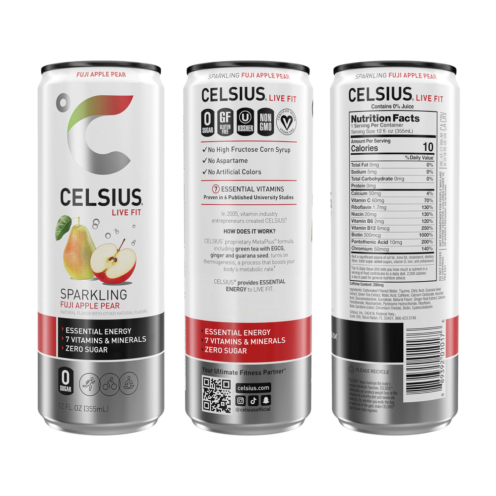CELSIUS Sparkling Energy Drink, Fuji Apple Pear, 12 fl oz, 12 Count