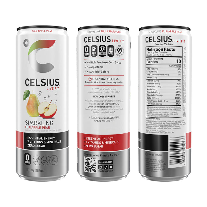 CELSIUS Sparkling Energy Drink, Fuji Apple Pear, 12 fl oz, 12 Count