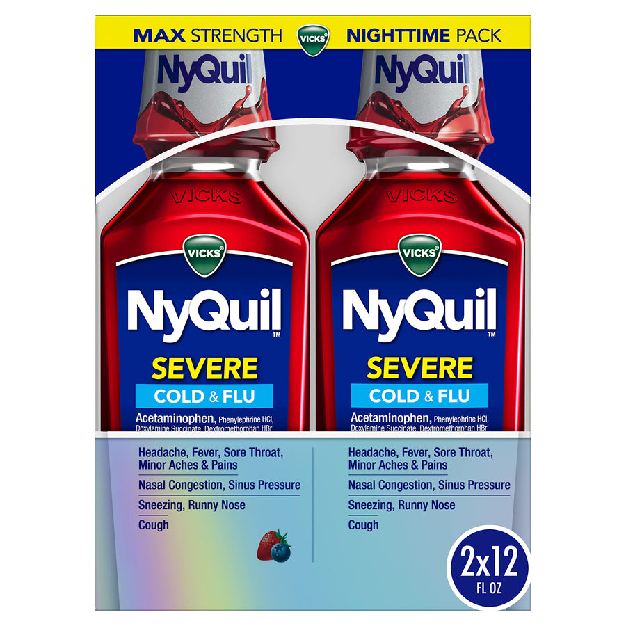 Vicks NyQuil Severe Cold and Flu Medicine, Berry Flavor, 12 fl oz, Pack of 2