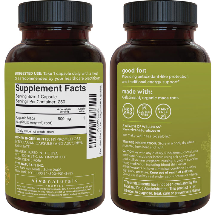 Viva Naturals Organic Maca Root Capsules, Gelatinized, 250 Count