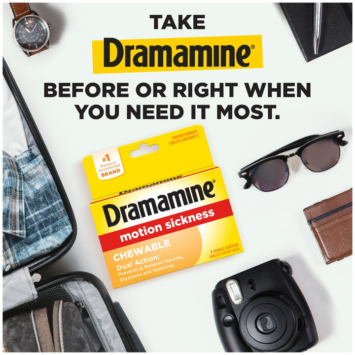 Dramamine Motion Sickness Relief Chewable Tablets, Orange, 50 mg, 8 Count