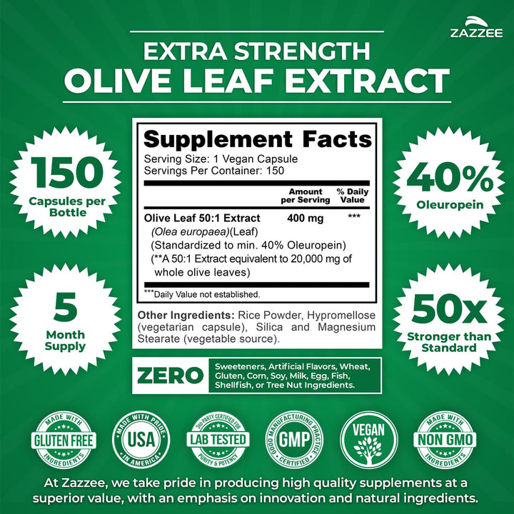 Zazzee Olive Leaf Extract, Extra Strength 50:1, 150 Count
