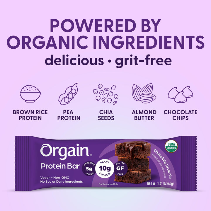 Orgain Organic Vegan Protein Bar, Chocolate Brownie, 12 Count
