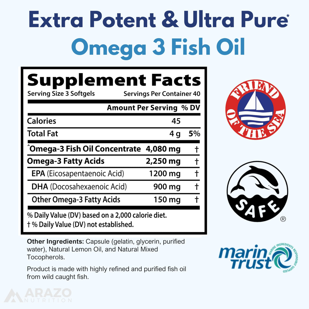Arazo Nutrition Omega-3 Fish Oil Softgels, Lemon, 120 Count