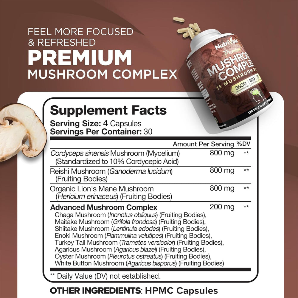 Nutrivein Mushroom Supplement, 2600 mg, 120 Count