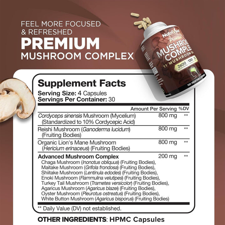 Nutrivein Mushroom Supplement, 2600 mg, 120 Count