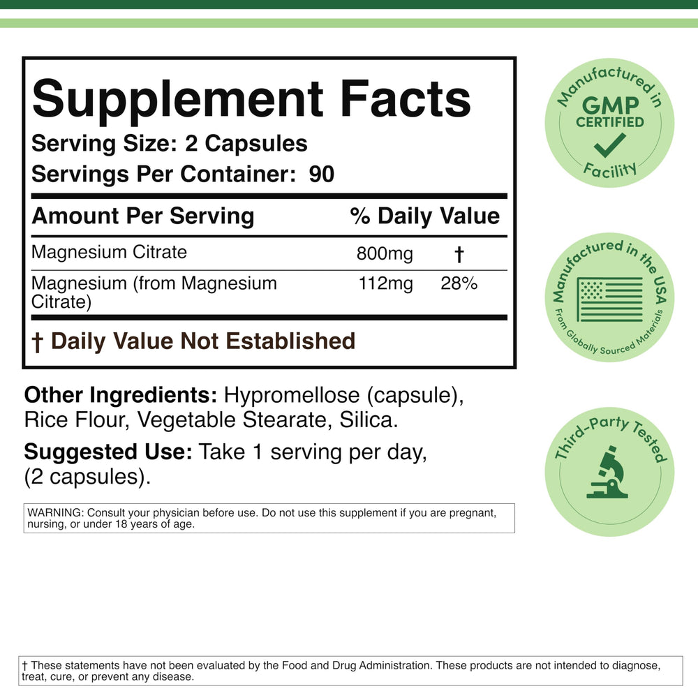 Double Wood Supplements Magnesium Citrate Capsules, 400 mg, 180 Count