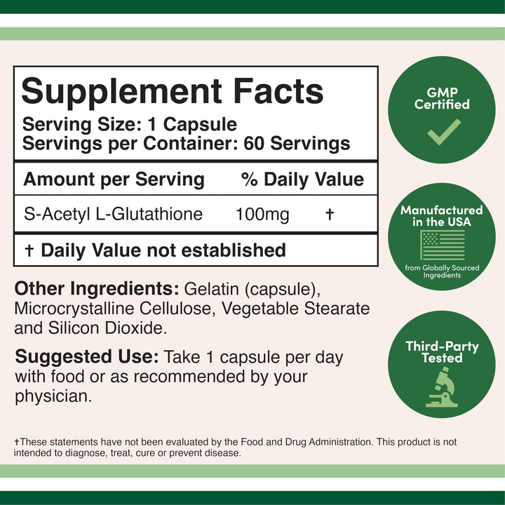 Double Wood Supplements S-Acetyl L-Glutathione Capsules, 100 mg, 60 Count