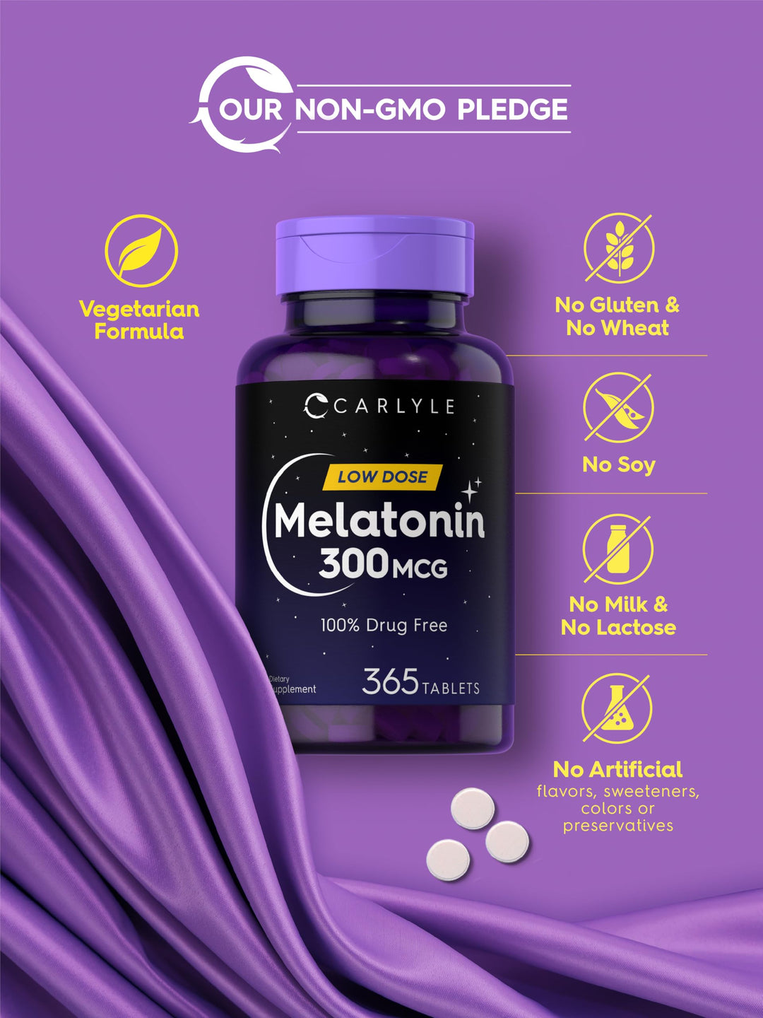 Carlyle Melatonin 300 mcg, Vegetarian, 365 Tablets