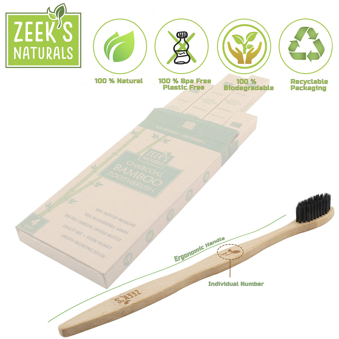 Zeek's Naturals LLC Bamboo Charcoal Toothbrushes, 4 Count