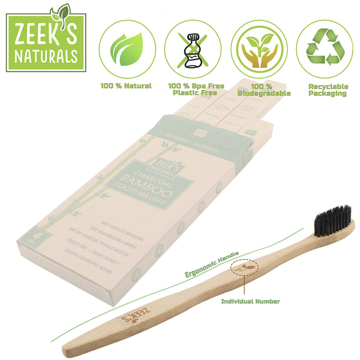 Zeek's Naturals LLC Bamboo Charcoal Toothbrushes, 4 Count