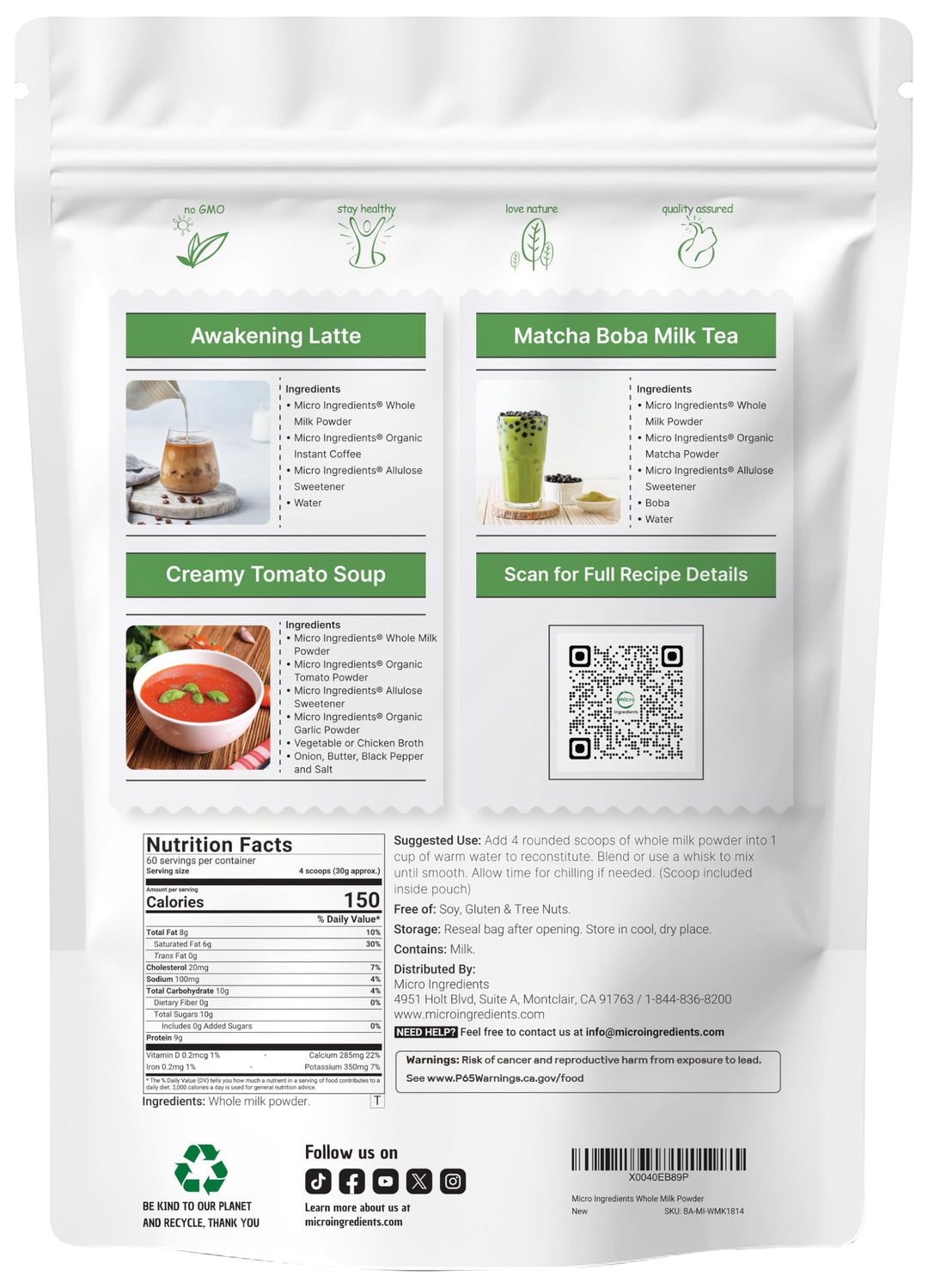 Micro Ingredients Whole Milk Powder, 4 lb